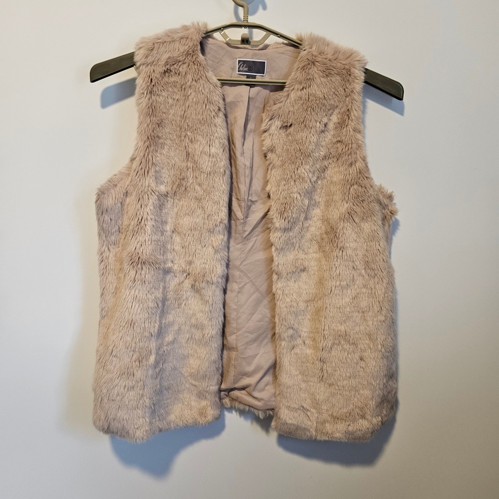 Faux Fur Vest Womens Large Tan Brown Mob Wife Cozy Fall Fuzzy Winter